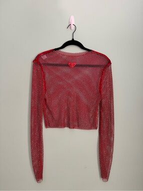 Men’s MCE Sheer Mesh Rhinestone Long-Sleeve Crop Top in Ruby Red - Size Large